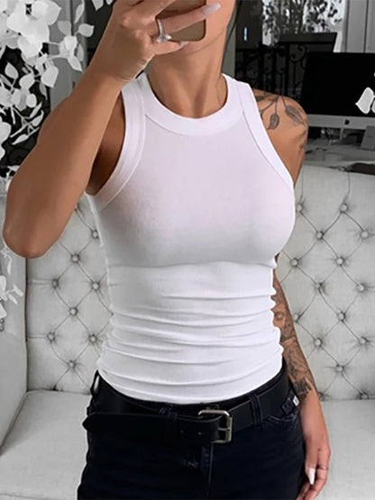 Women Solid Round Neck Ribbed Tank Top