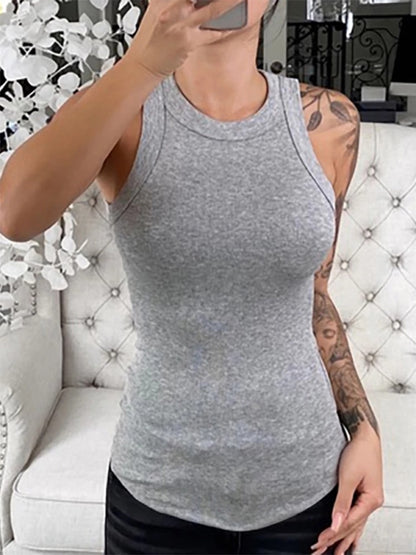 Women Solid Round Neck Ribbed Tank Top