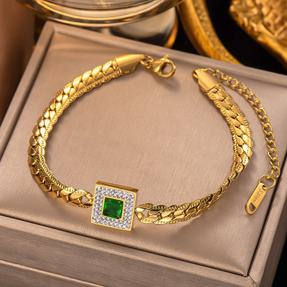 Charm Green Stone Zircon Bangle Bracelet